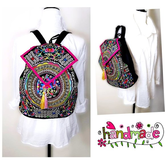 Embroidery Black Backpack Red Blue Boho Geometric Shapes FloralBird Shoulder Bag - Picture 2 of 12